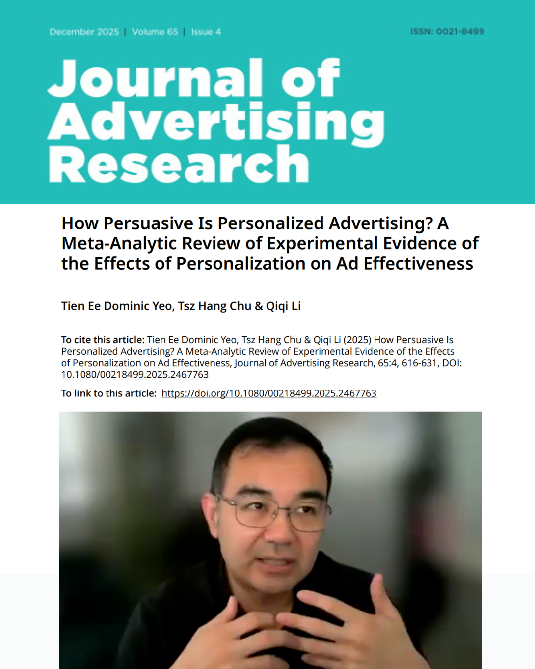 Prof. Dominic Yeo's Paper Named Runner-Up for Best Paper in Journal of Advertising Research